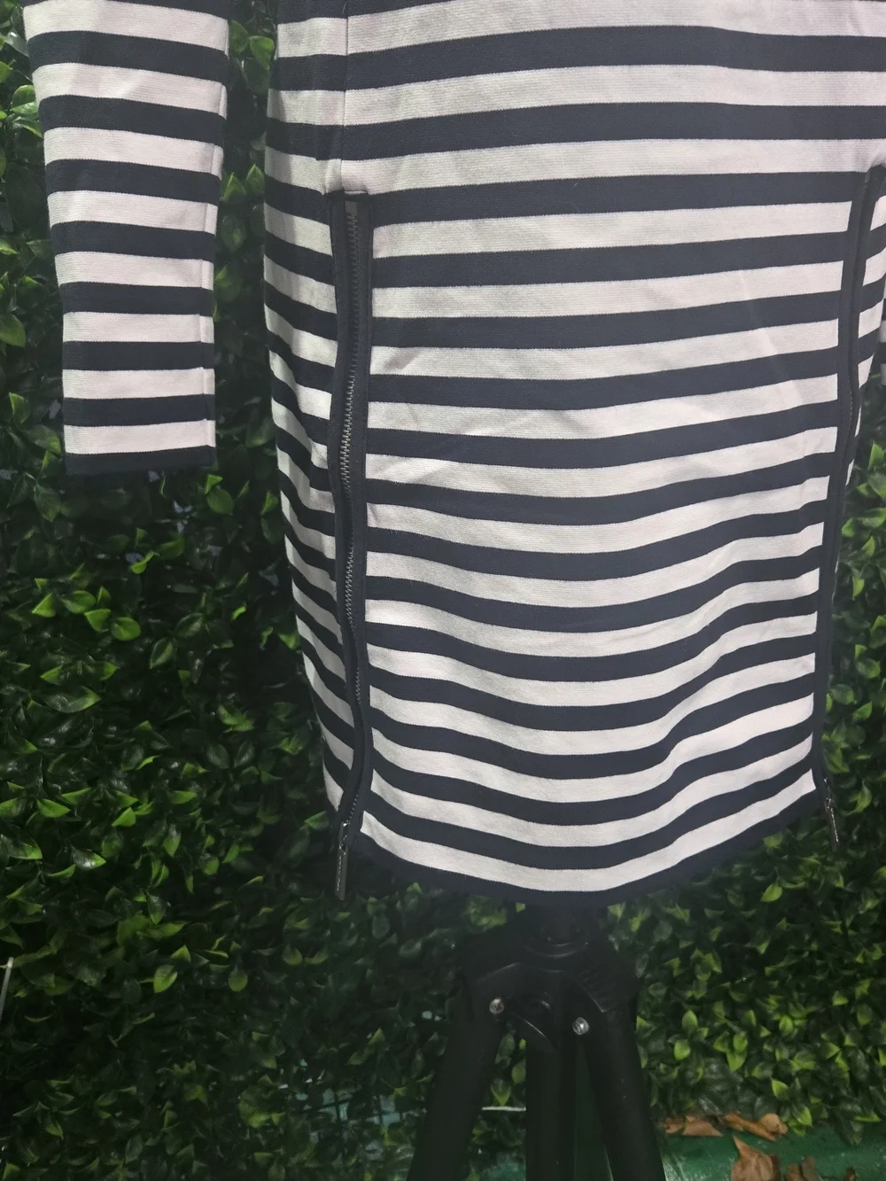 Michael Kors Black and White Striped Long-Sleeve Mini Dress